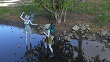 3d Illustration Of Two Beautiful Winged Fairies Dancing In A Stream Having Fun.