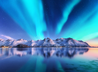 Wall Mural - northern lights and snow covered mountains in lofoten islands, norway. aurora borealis. starry sky w