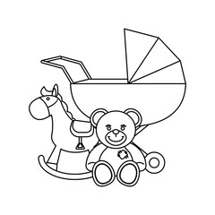 Wall Mural - baby pram and teddy with wooden horse in black and white