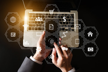 Coding software developer work with augmented reality dashboard computer icons  with responsive cybersecurity.