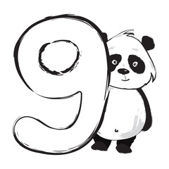 Wall Mural - Panda bear cute animal number nine with cartoon baby illustration