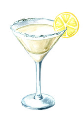 Glass of Martini cocktail with lemon slice. Watercolor hand drawn illustration isolated on white background