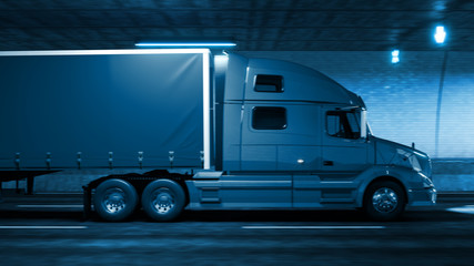 Wall Mural - Trailer truck rides through tunnel with cold blue light style 3d rendering