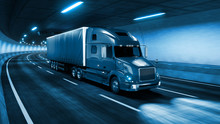 Trailer Truck Rides Through Tunnel With Cold Blue Light Style 3d Rendering