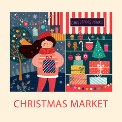 Illustration with girl and Christmas gifts. Christmas Market 