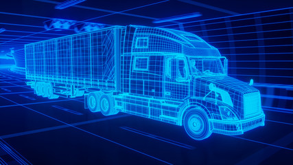 Wall Mural - Blue wireframe Trailer Truck rides through Blue tunnel 3d rendering