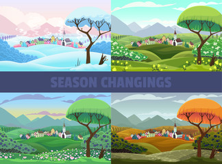 Wall Mural - Four seasons of village view: spring, summer autumn and winter. Vector cartoon landscape