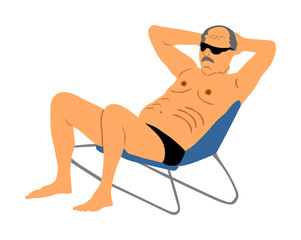 Wall Mural - Retired old man on vacation sitting in beach chair, vector illustration. Senior on beach. Mature sunbathing. Healthy man enjoy in summer day. Relaxing father watching children in water.