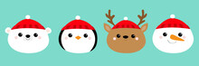 Merry Christmas. New Year. White Polar Bear Penguin Deer Bird Raindeer Snowman Round Face Head Icon Set. Cute Cartoon Funny Kawaii Baby Character. Greeting Card. Flat Design Blue Background.