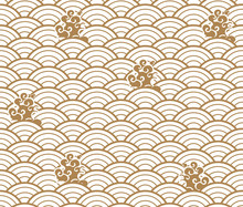 Japanese Wave Pattern With Cloud Vector. Gold Geometric Background.