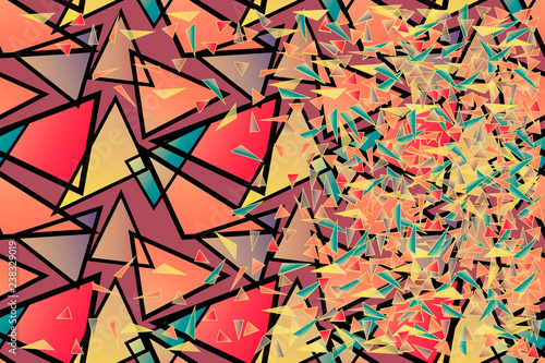 Fotografie, Obraz Vector abstract geometric background chaotic multitude of gradient big and small bright red, pink, purple, yellow, blue triangles for desing, wallpaper, cover page, web site, card, business banner