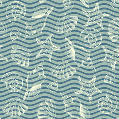 Fototapete - Blue waves pattern and hand draw in marine style.