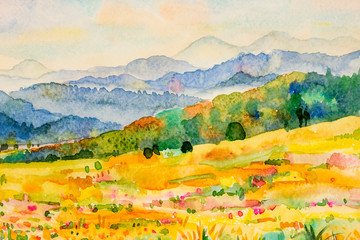 watercolor landscape painting of mountain and meadow.