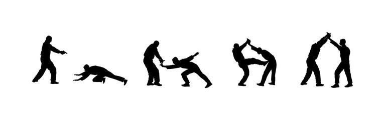 Self defense battle vector silhouette illustration. Man fighting against aggressor with gun or pistol. Krav maga demonstration in real situation. Combat for life against terrorist. Army skill action.