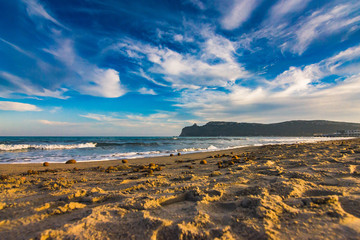 Poetto beach during marina piccola sella del diavolo view Sardinia mediterranean Sea coast wonderful seaside