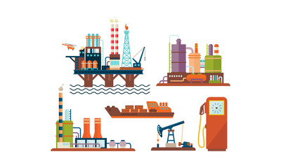 Poster - Flat vector set of oil and gas production industry icons. Oil platform, ship, factory buildings and fuel dispenser