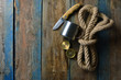 © Dmytro - Hunting saver wallpaper. Brutal and sever background with a copy space. Rope, knife, compass and cup on a weathered wooden table.