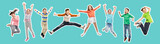 happiness, childhood, freedom, movement and people concept - magazine style collage of happy kids jumping in air over blue background