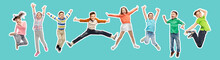 Happiness, Childhood, Freedom, Movement And People Concept - Magazine Style Collage Of Happy Kids Jumping In Air Over Blue Background