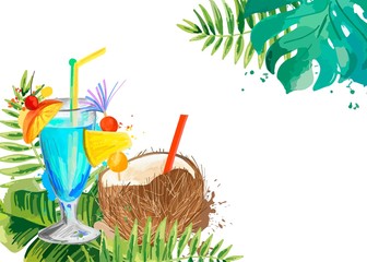 Cocktails. Summer tropical cocktail background with palm leaves.