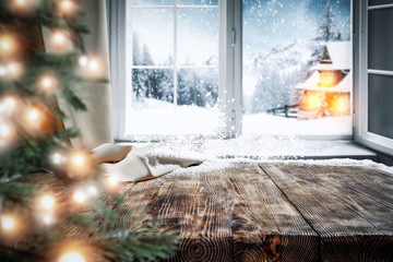 Wall Mural - table background with winter window and christmas tree