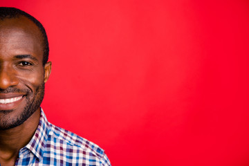 Wall Mural - Cropped close-up half-face portrait of nice handsome attractive cheerful positive guy wearing checked shirt sale discount isolated over bright vivid shine red background