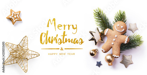 Fotografie, Obraz Christmas greeting card; Christmas element on white background; top view;
