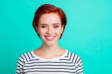 Close-up portrait of nice charming attractive cheerful cheery peaceful red lady wearing striped pullover isolated over bright vivid shine green turquoise background