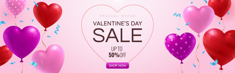 Valentines day Sale promotion web banner with glossy red, pink and purple balloons on pinky background. Falling blue festive confetti. St. Valentine's Day greeting card template. Vector eps 10.