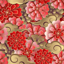 Chinese Pink Red Gold Flower And Spiral Cloud Seamless Pattern Background