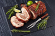 © myviewpoint - overhead view of sliced roast pork roulade