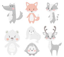 Reindeer, Raccoon, Seal, Wolf, Penguin, Bear, Fox Baby Winter Set. Cute Animal Illustration