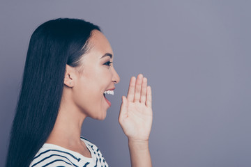 Close up side profile photo of amazing charming attractive she her girl gladly yelling to empty space broadcasting some news wearing white striped pullover isolated on grey background