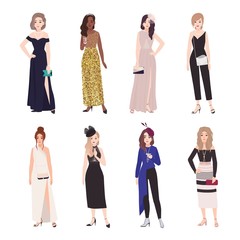 Wall Mural - Collection of beautiful young women in evening outfits. Set of girls wearing elegant formal dresses and jumpsuit. Bundle of female cartoon characters isolated on white background. Vector illustration.