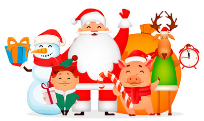 Sticker - Santa Claus, pig, deer, snowman and elf