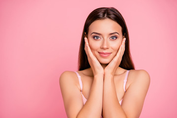 close up portrait of beautiful cute gentle trying scrub effect touching skin with arms her she young