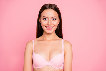 Poster - Close up portrait of cute tender gentle gorgeous attractive gladly looking  her she lady girl wearing pale pink underwear isolated on rose background