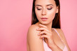© deagreez - Close up portrait of dreamy feminine gorgeous with arm and look on shoulder satisfied with new body wash her she lady girl wearing pale pink bra isolated on rose background