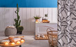 White tub in the bath room, interior decoration, close up candle soap and towel style. cactus plant.