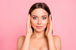 Close up portrait of happy brown haired cute gorgeous perfect facial skin her she feminine girl with hands by sides of head almost touching wearing pale pink bra isolated on rose background
