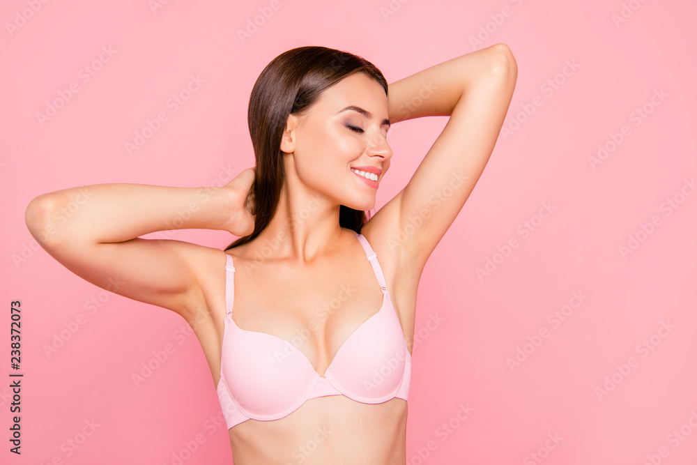 Close up portrait of gorgeous skinny cute lovely her she girl in salon relaxing of aroma sensitive procedure clear clean concept in bra eyes closed hands behind head isolated on pink background - obrazy, fototapety, plakaty 
