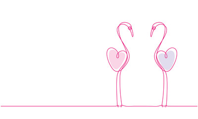 Wall Mural - Pink flamingo. Couple of love birds and a heart. Continuous line drawing.