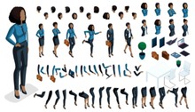 Large Isometric Set Of Hand Gestures And Legs Of African American Woman 3d Business Lady. Create Your Isometric Office Worker For Vector Illustrations