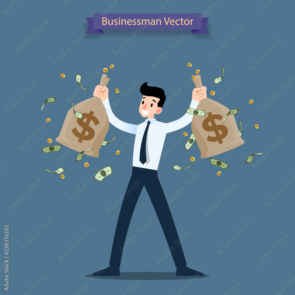 Happy businessman holding a money and gold coin bag, sack. Rich people ...