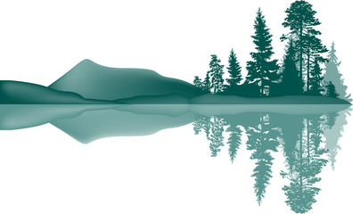 Sticker - high cyan pines in forest with reflection