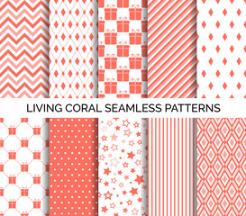 Wall Mural - living coral color seamless vector patterns. set of abstract backgrounds