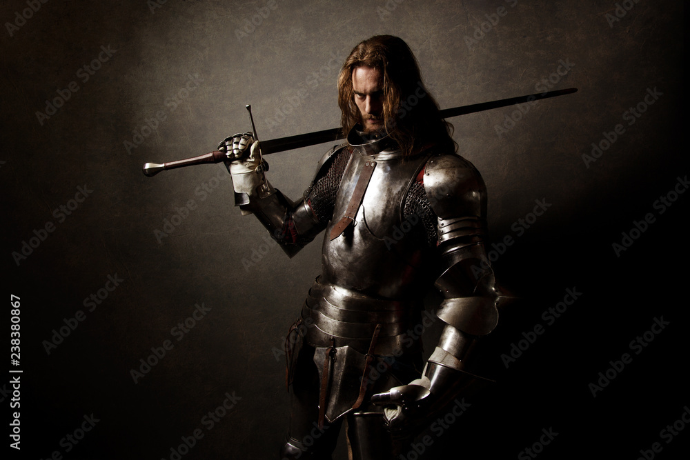 Portrait of a knight in armor  - obrazy, fototapety, plakaty 