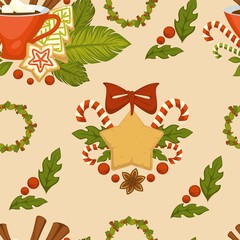 Wall Mural - Merry Christmas symbolic food and plant seamless pattern vector