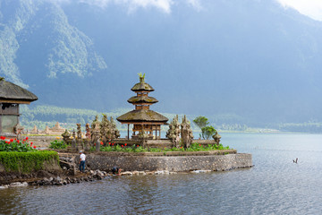 Two spires of the floating Pura Bratan hindu temple on Lake Bratan, Bedugul, Bali, Indonesia.