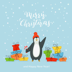 Wall Mural - Happy Penguin with Gifts on Blue Background